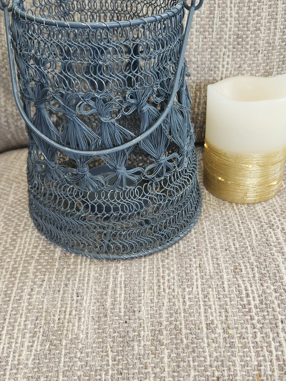 Decorative Gray Wire Lantern with Gold Candle Accent